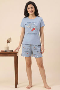 Zivame Farm Lore Knit Cotton Short Set - Ashley Blue — thumbnail 1